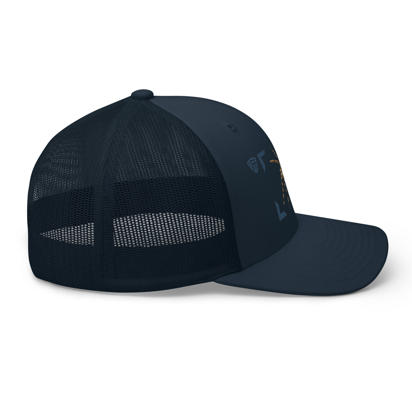 Wasp Spider "Argiope bruennichi" Embroidered Navy Blue Trucker Hat Right Mockup
