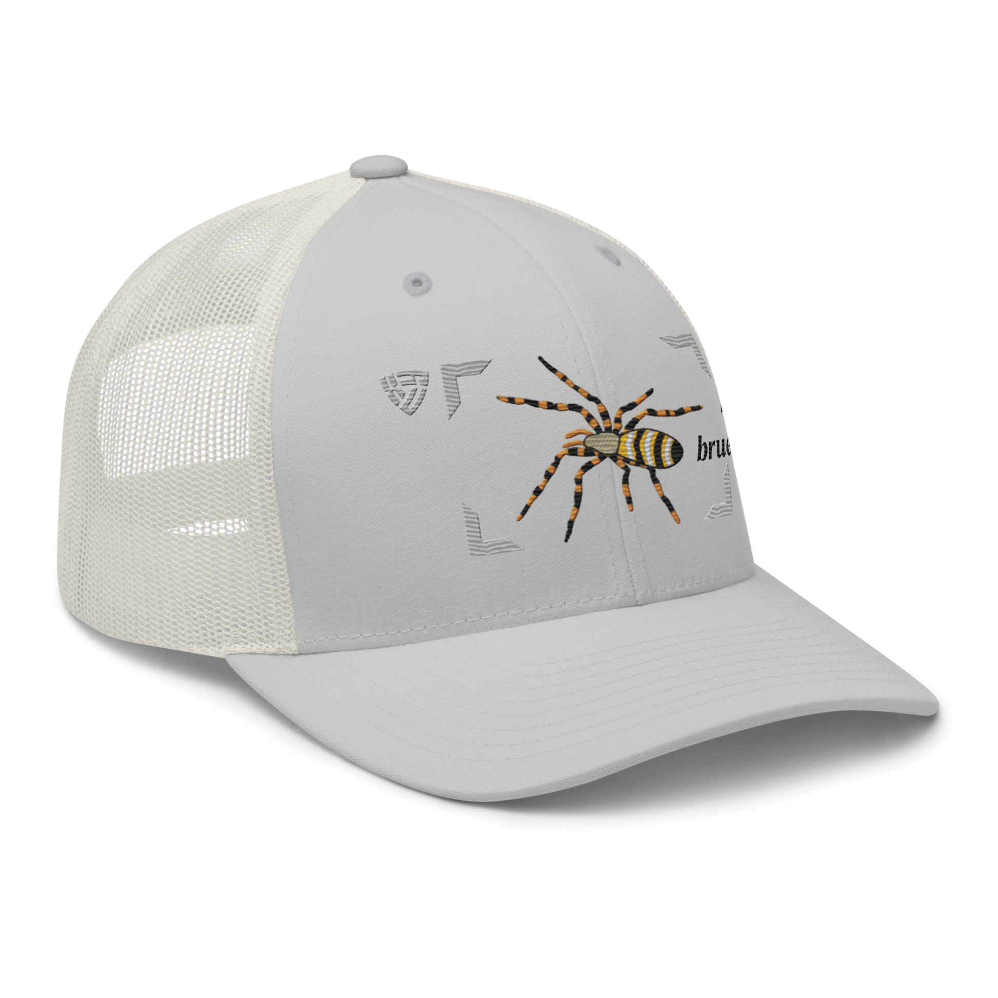 Wasp Spider "Argiope bruennichi" Embroidered Silver Trucker Hat Right Front Mockup