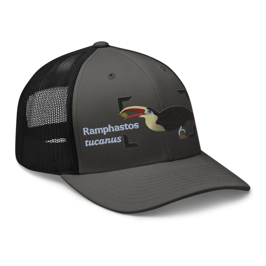 White-throated Toucan "Ramphastos tucanus" Embroidered Charcoal Grey & Black Trucker Hat Right Front Mockup