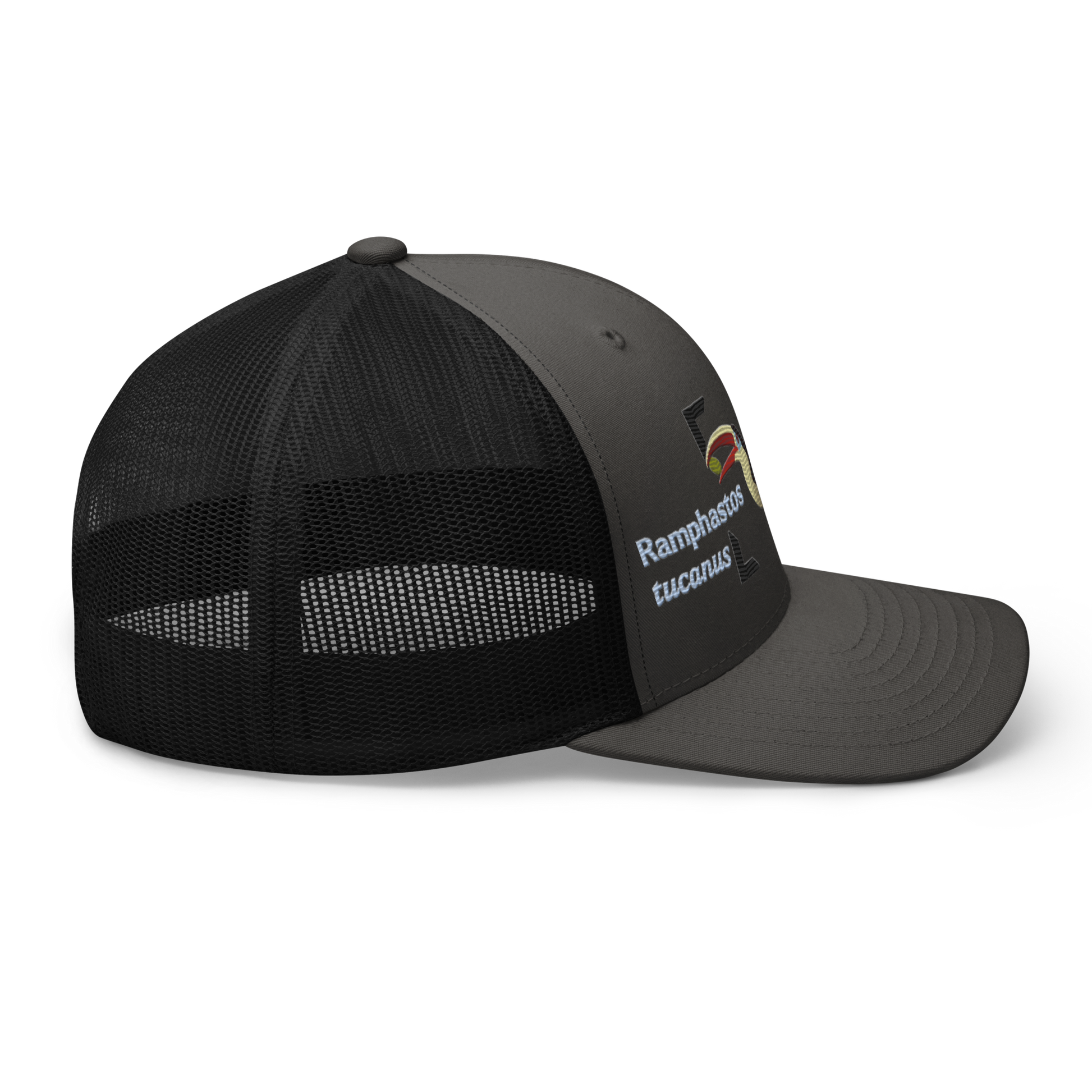 White-throated Toucan "Ramphastos tucanus" Embroidered Charcoal Grey & Black Trucker Hat Right Mockup