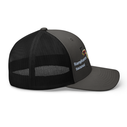 White-throated Toucan "Ramphastos tucanus" Embroidered Charcoal Grey & Black Trucker Hat Right Mockup